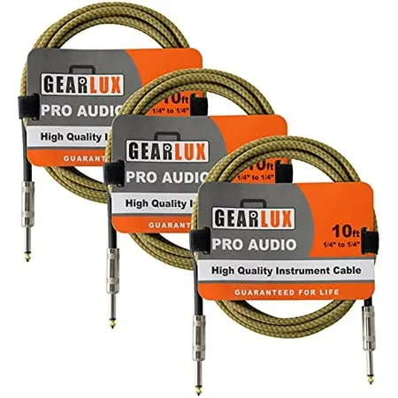 Gearlux Instrument Cable/Professional Guitar Cable 1/4 Inch to 1/4 Inch Tweed 10 Foot - 3 Pack