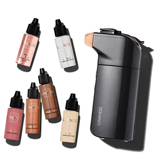 Luminess Breeze Duo Airbrush Makeup System, Deep Coverage – 9-Piece Kit Includes 2x Silk Airbrush Foundation, Apricot Shade Blush, Glow Highlighter,