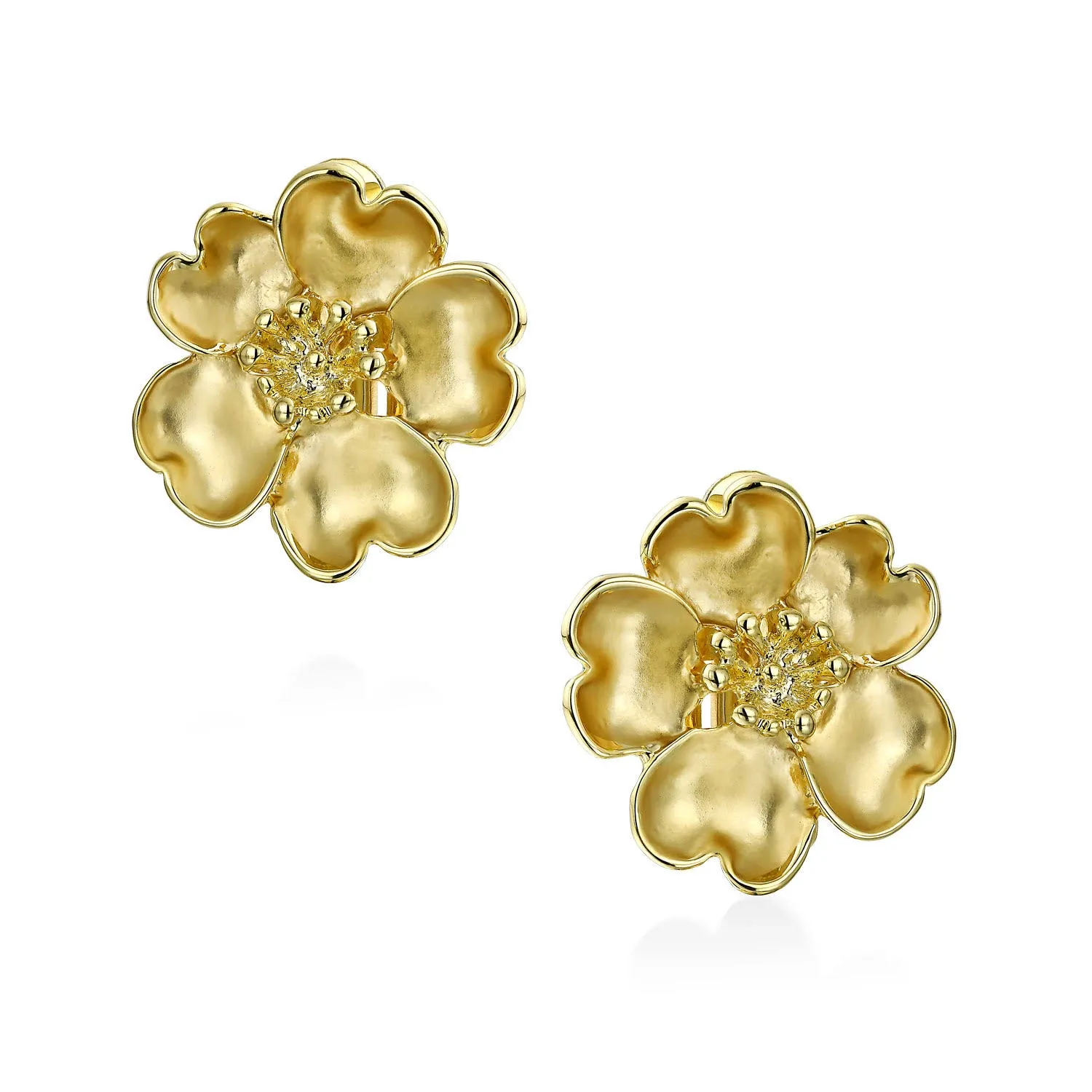 Heart Shaped Matte Gold Plated Brass Petal Flower Clip on Earrings