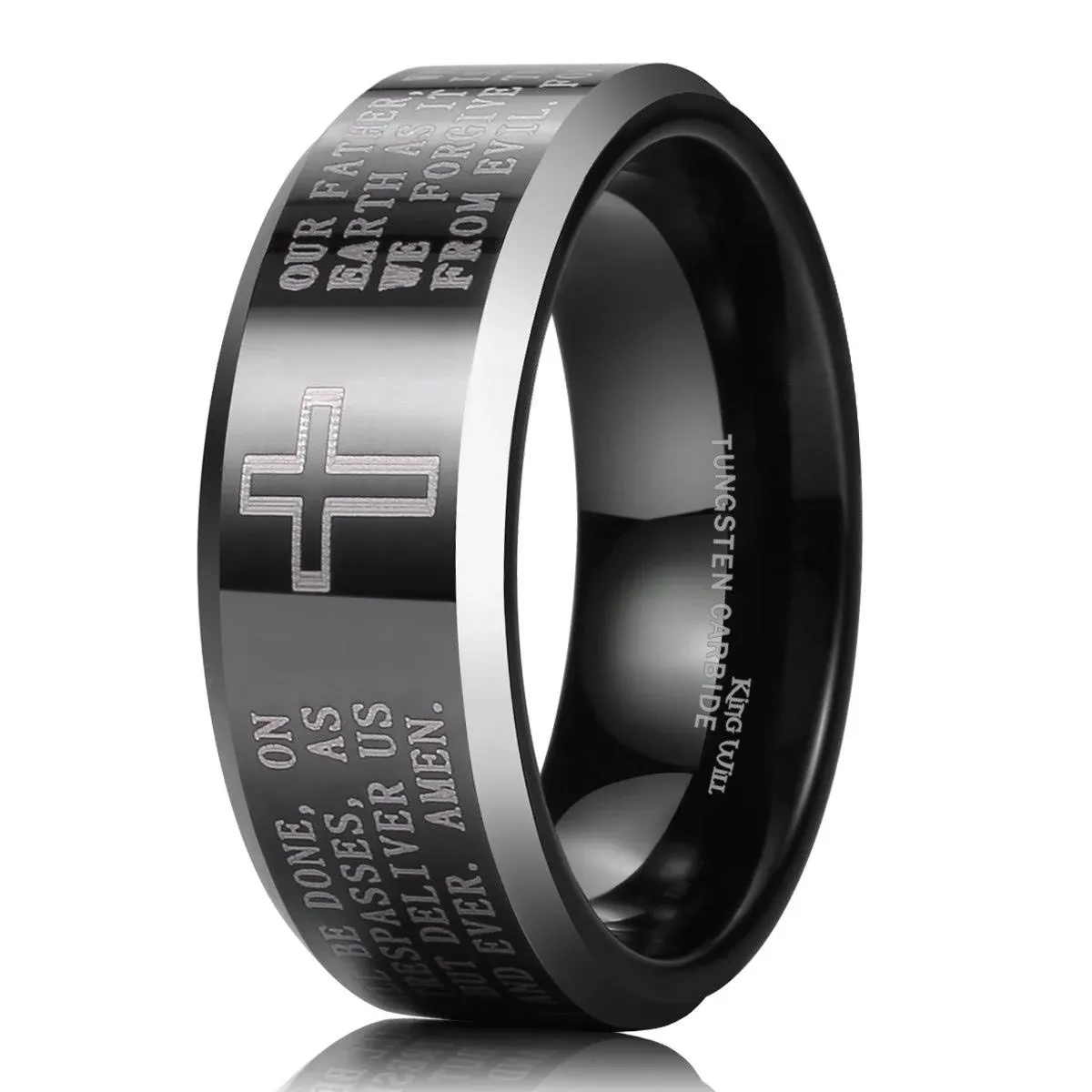 8mm Black Tungsten Carbide The Lord&#39;s Prayer Polished Finish Wedding Band Ring