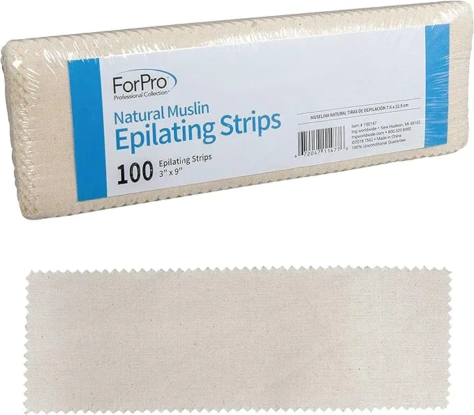 ForPro Natural Muslin Epilating Strips, Tear-Resistant, Pre-Cut Strips for Hair Removal, 3” W x 9” L, 100-Count