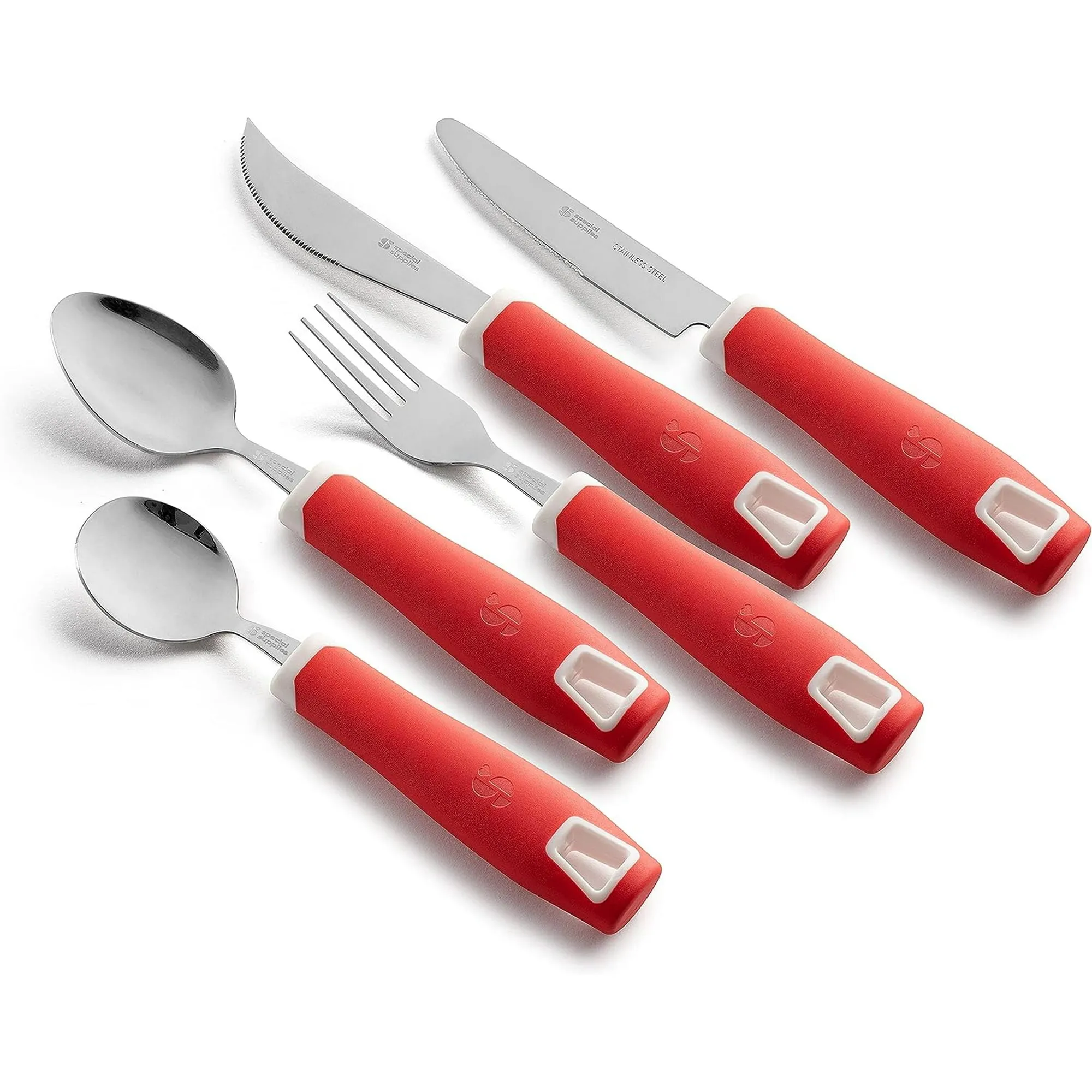 Special Supplies Adaptive Utensils 5-Piece Set Non-Weighted, Non-Slip Handles for Hand Tremors, Arthritis, Parkinson’s or Elderly Use - Stainless Steel Knife, Rocker Knife, Fork, Spoons - Red