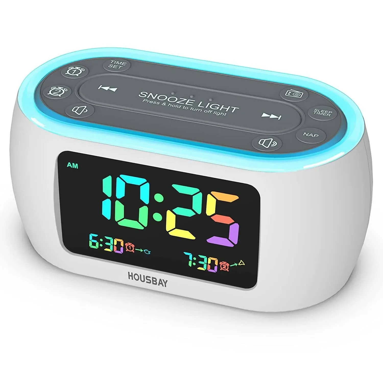 Glow Small Colorful Alarm Clock Radio with Rainbow Digit, 7 Color Night Light wi