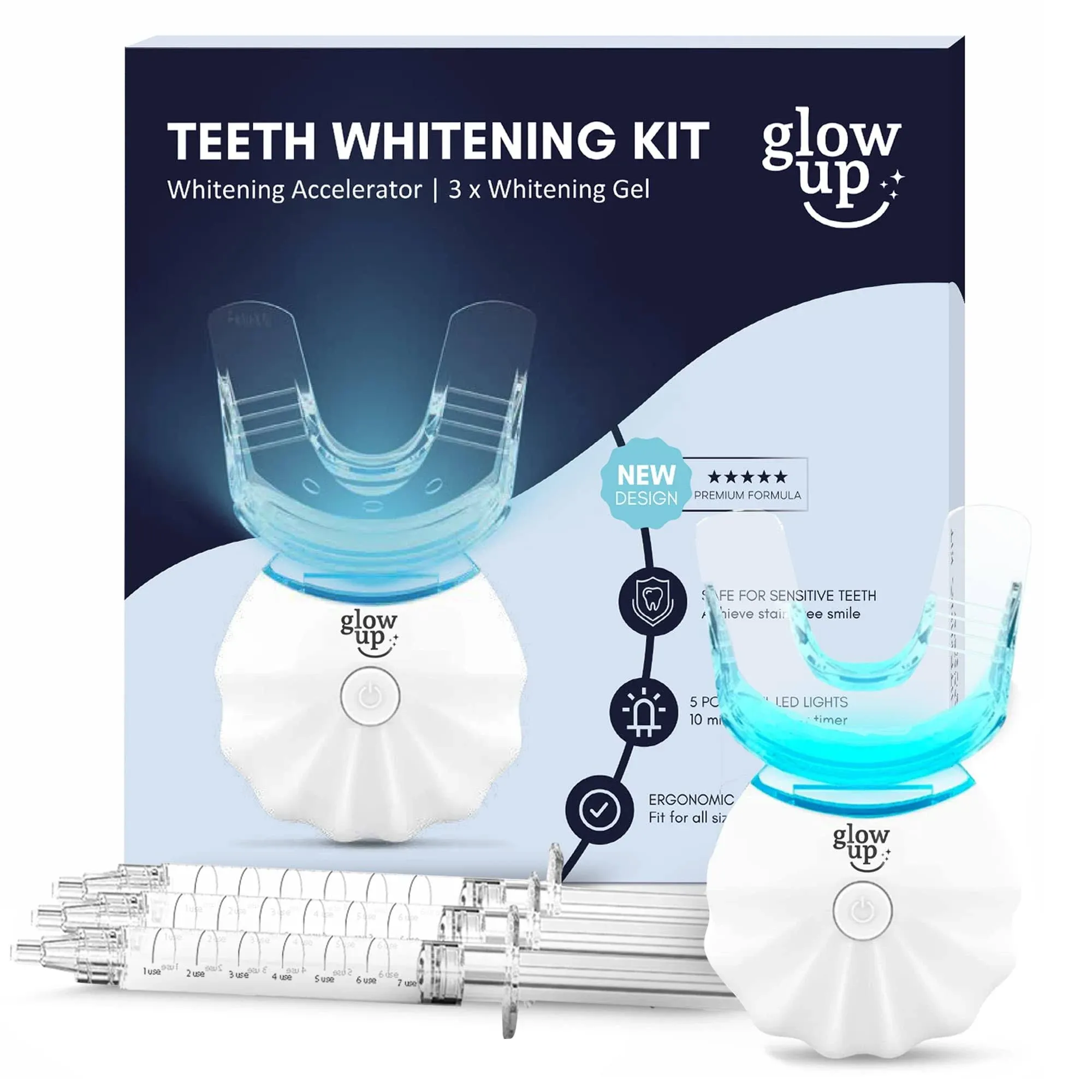 Glow Up Teeth Whitening Kit for Sensitive Teeth with Blue LED Light, 10-Minute ...