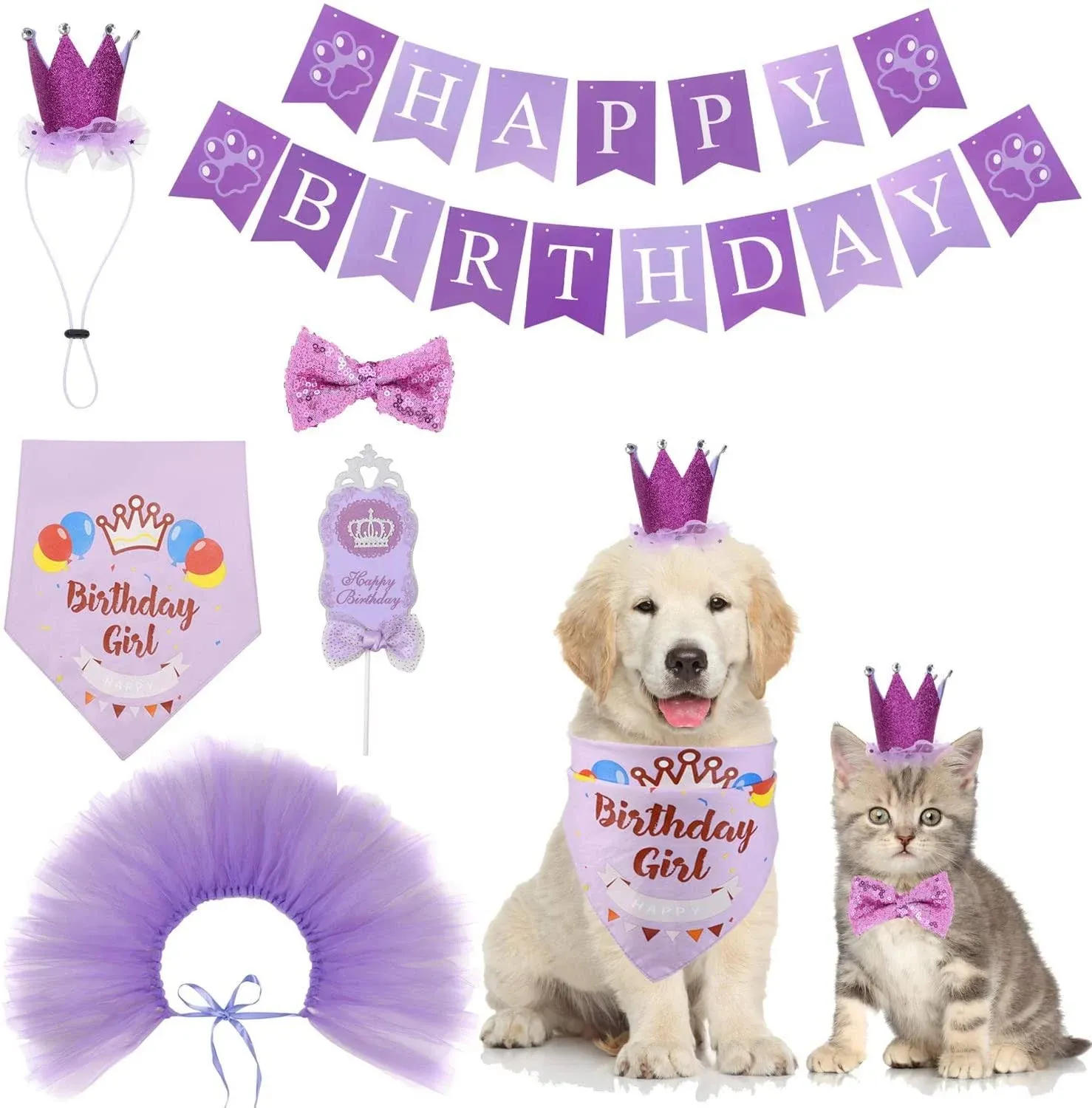 Dog Birthday Bandana Girl Boy 6Pcs Birthday Party Supplies - Tutu Skirt Crown Hat Scarf Tie Happy Birthday Banner Cake Topper Decorations Birthday Outfit for Pet Puppy Cat Purple