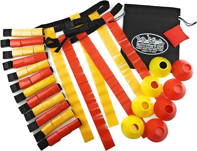 Matty's Toy Stop Deluxe 14-Man Flag Football Set with 7 Yellow Tear Away Belts, 7 Red Tear Away Belts, 4 Yellow Cones, 4 Red Cones, 1 Red Beanbag Flag & Storage Bag - Complete Set