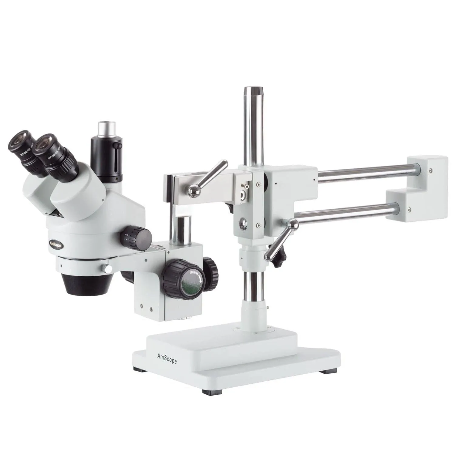 7X-45X Simul-Focal Stereo Zoom Microscope On Dual Arm Boom Stand AmScope