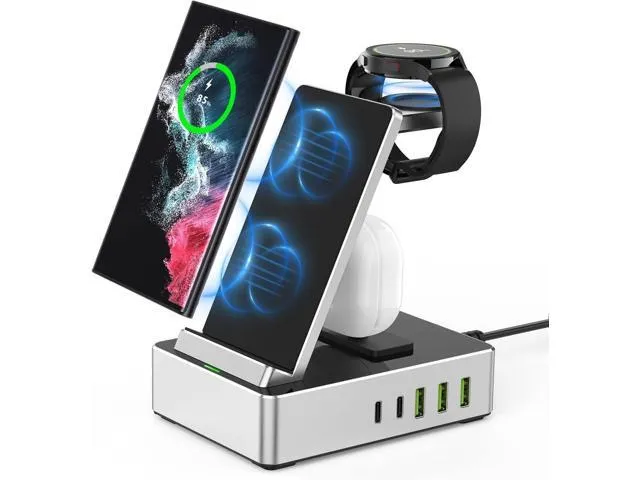 100W Aluminum Alloy Wireless Charger, 8 in 1 Charging Station for Samsung Devices,USB C Charger Dock for S22 Ultra, Etc,.Galaxy Watch 5, Active 2/1, Galaxy Buds/Pro/Live (Silver)