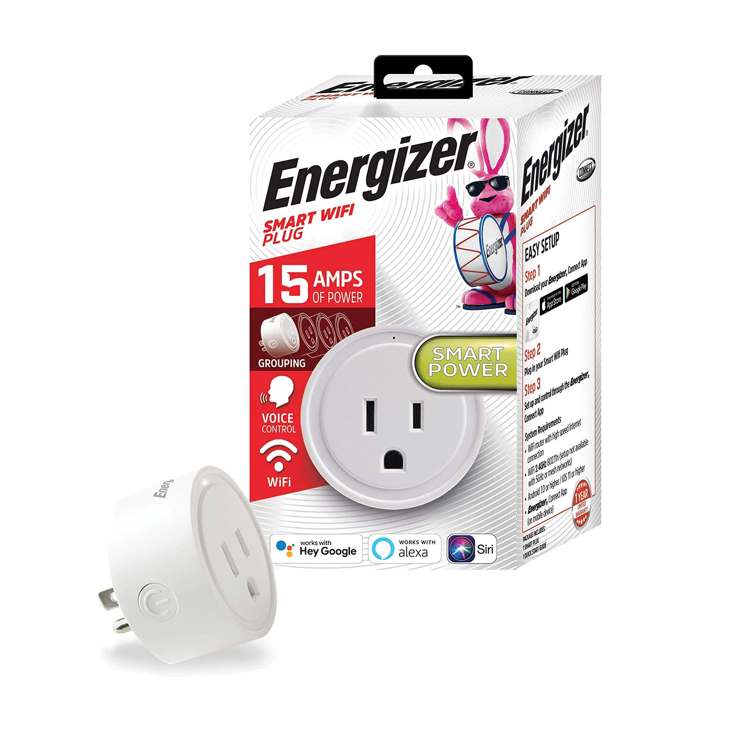 Energizer Smart Wi-Fi 15 Amp Wall Outlet Plug, Voice Control, Remote Access, Mobile App