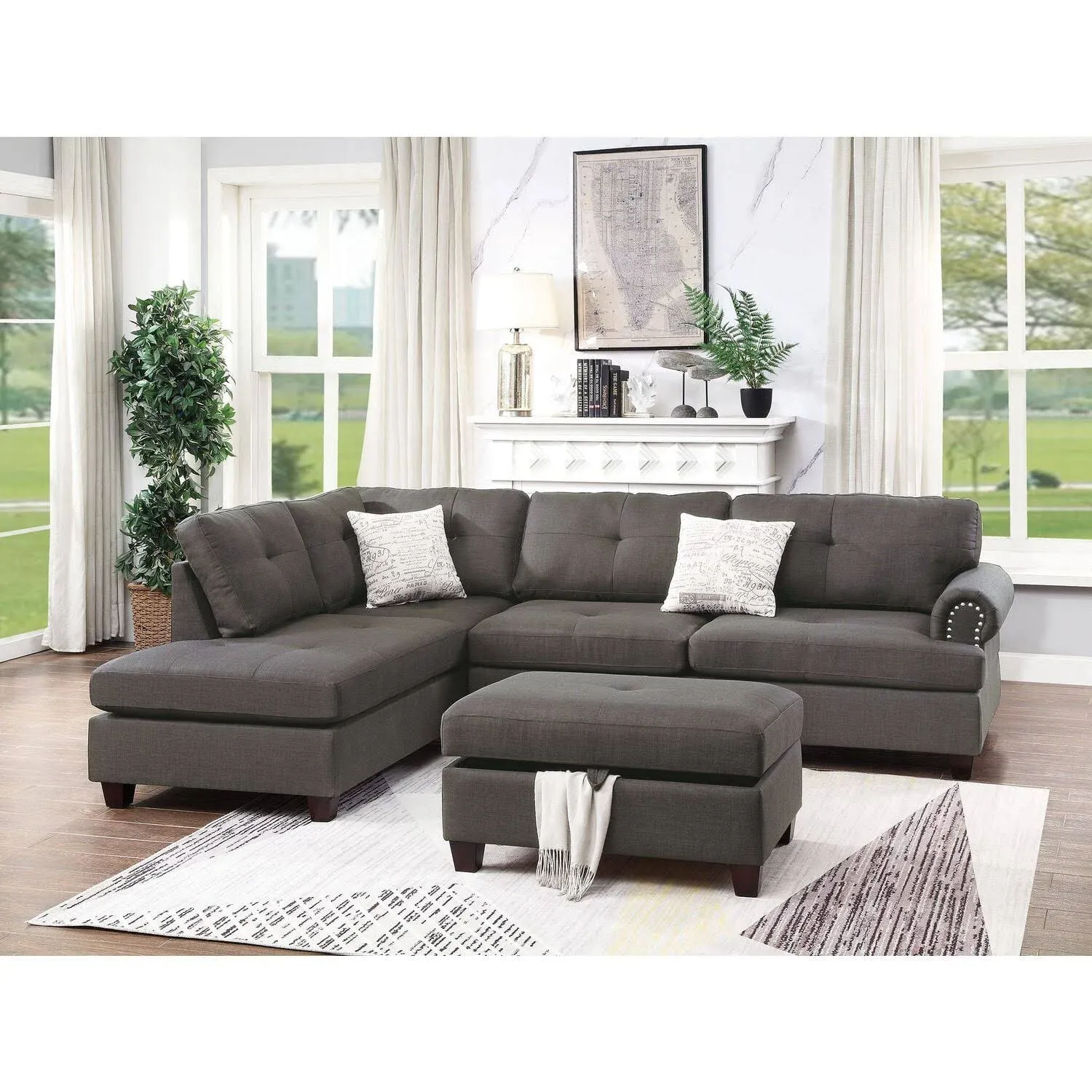 Poundex 3 Piece Fabric Sectional Sofa Set with Storage Ottoman in Black