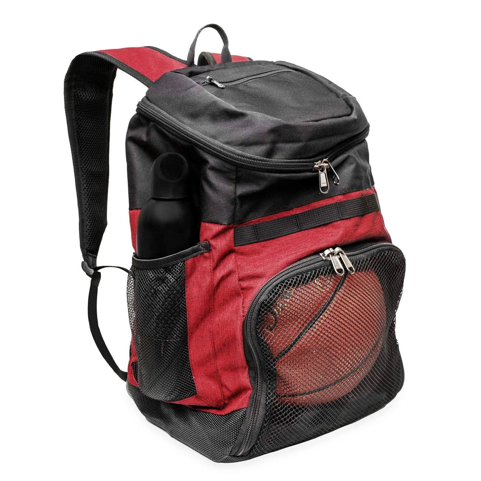 Basketball Backpack with Ball Compartment – Sports Equipment Bag for Soccer Ball, Volleyball, Gym, Outdoor, Travel, Team – 2 Bottle Pockets, Includes Laundry or Shoe Bag – 25L (Red)