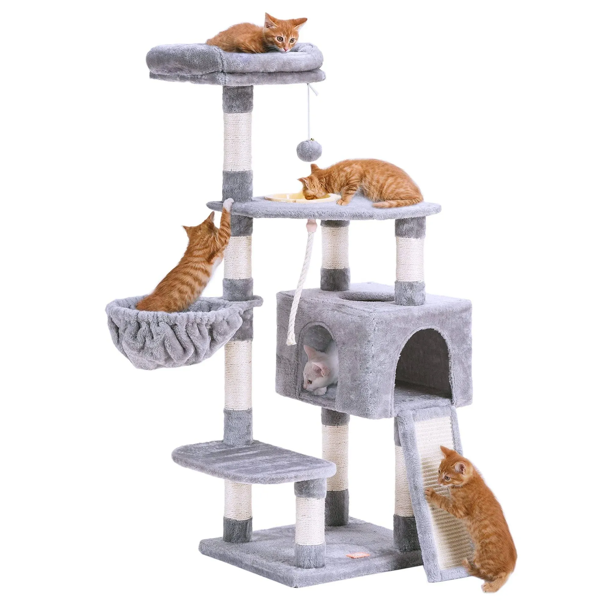 Heybly Cat Tree, Cat Tower for Indoor Cats with Scratching Board, Multi-Level Cat Furniture Condo with Feeding Bowl Light Gray HCT010MW