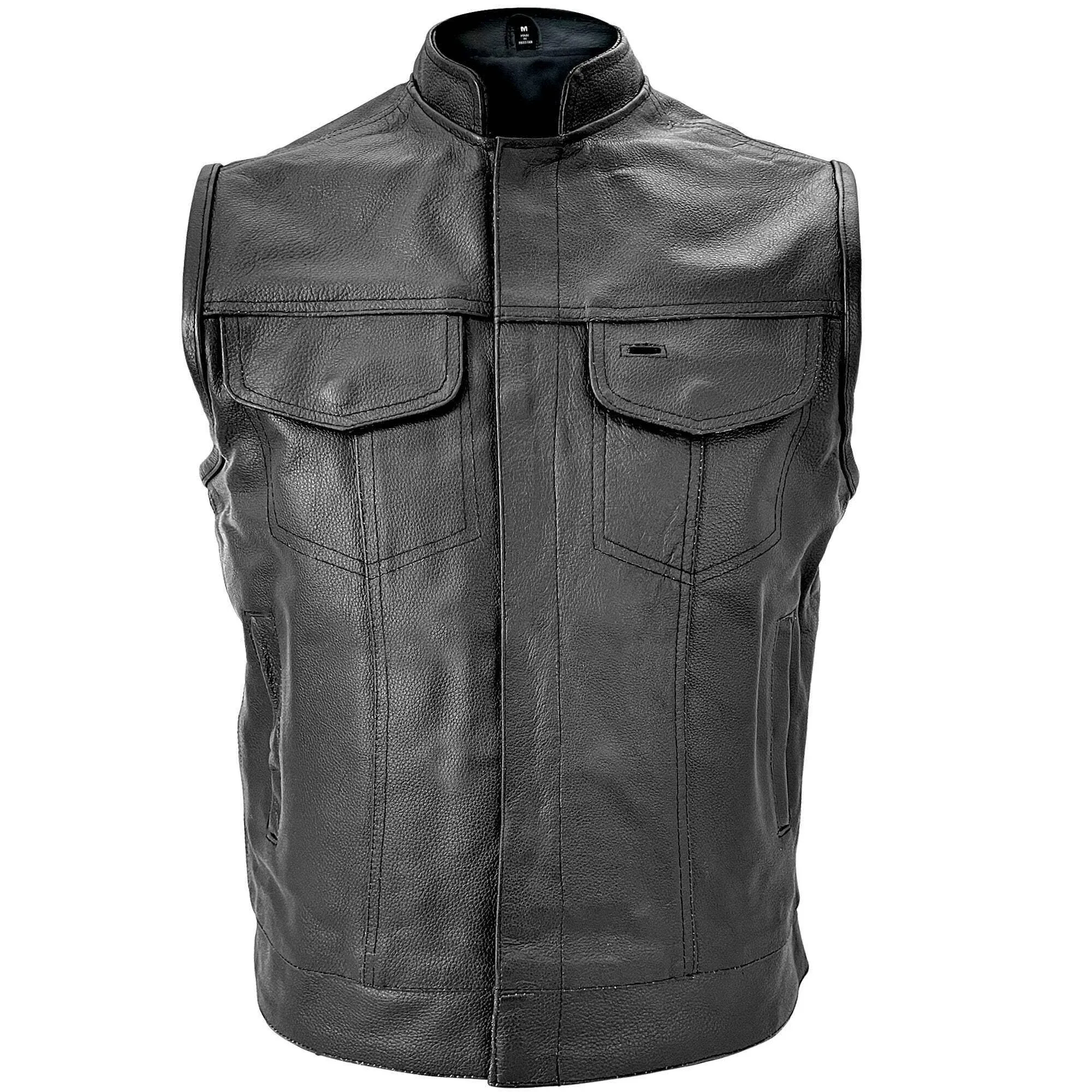 USA Leather 1205 Black Combat Motorcycle Leather Vest with Gun Pocket for Men - Real Genuine Cowhide