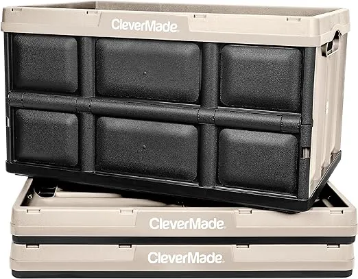 CleverMade Collapsible Storage Bin, Tan, 3PK - 62L (16 Gal) Stackable Storage Containers, Holds 100lbs Per Bin - Plastic Storage Bins for Organizing, Closet Storage, Garage Storage