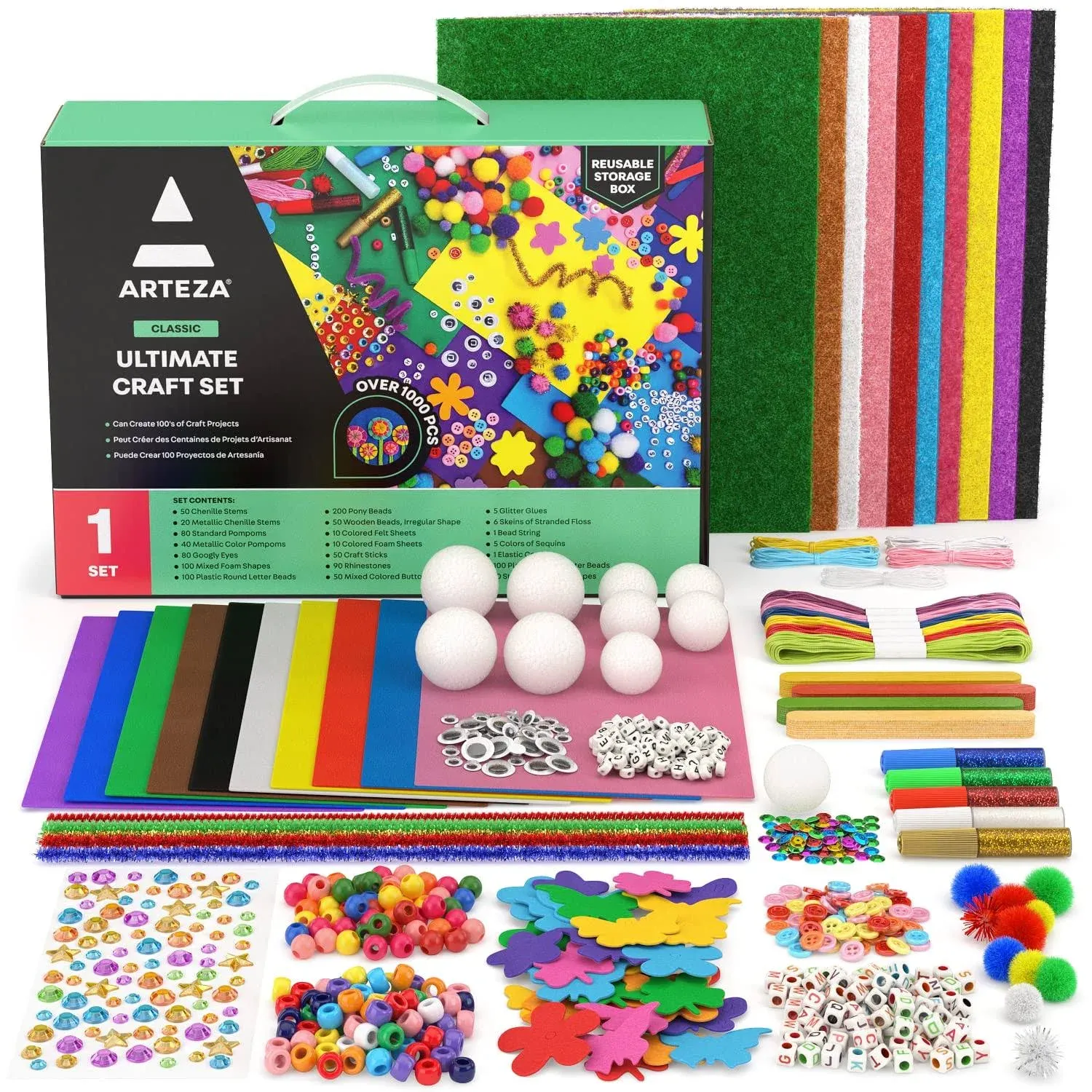 ARTEZA Ultimate Craft Kit, Over 1,000 Pieces and Craft Supplies, Felt, Pom Poms, Googly Eyes, Glitter Glue, Pipe Cleaners for Crafts and DIY Projects