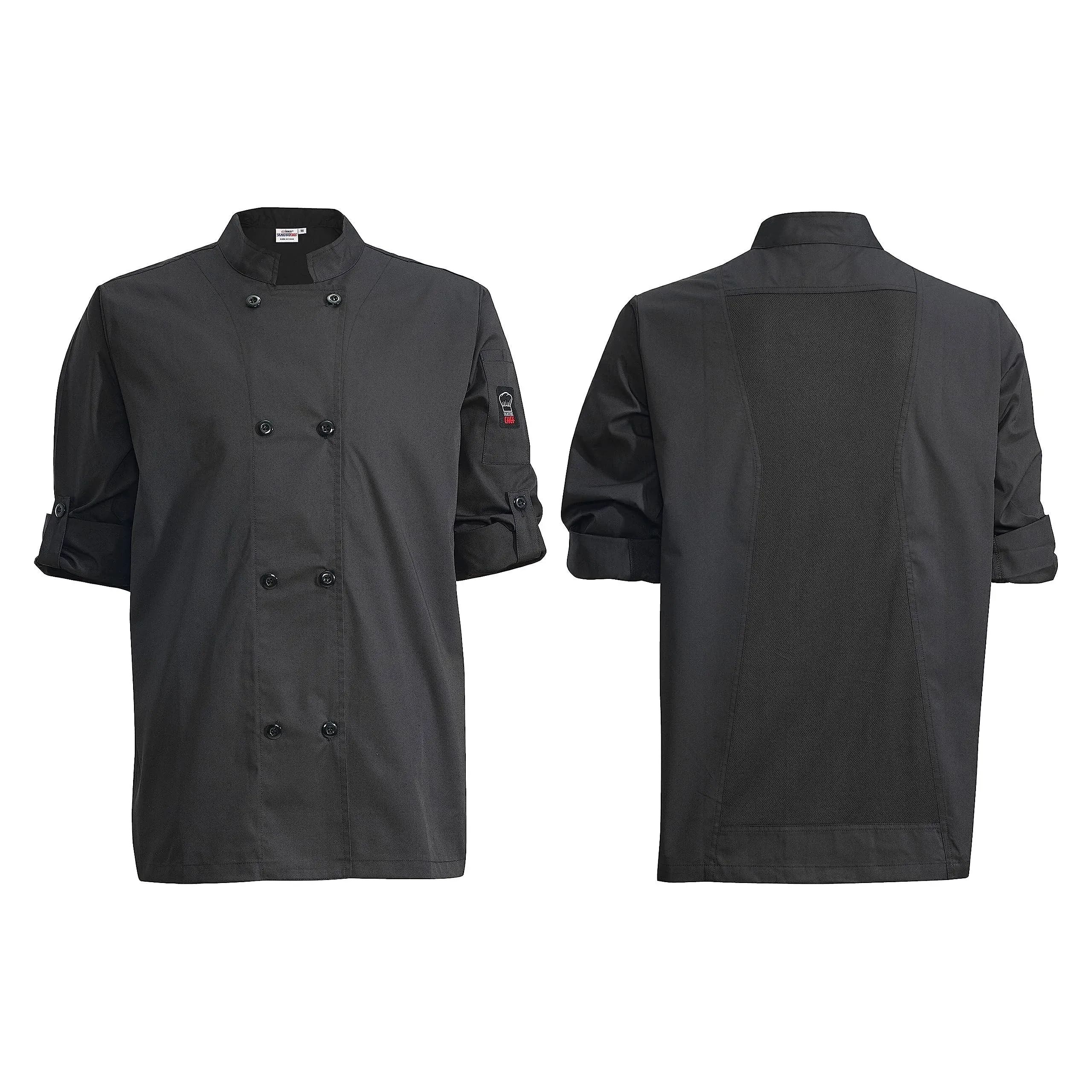 Winco UNF-12KL Chef Jacket, Roll Tab Long Sleeve, Black, Large