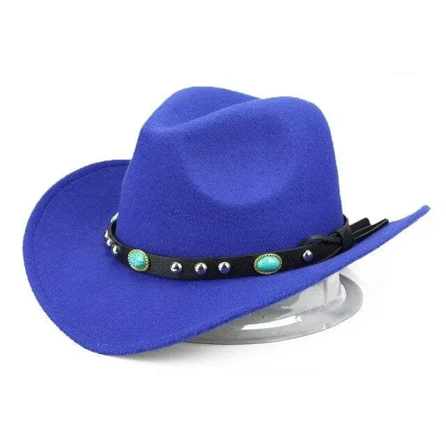 Sanwood Mens Hat Blue Fashion Rivet Roll Up Wide Brim Western Cowboy Cowgirl Hat Sombrero Jazz Cap