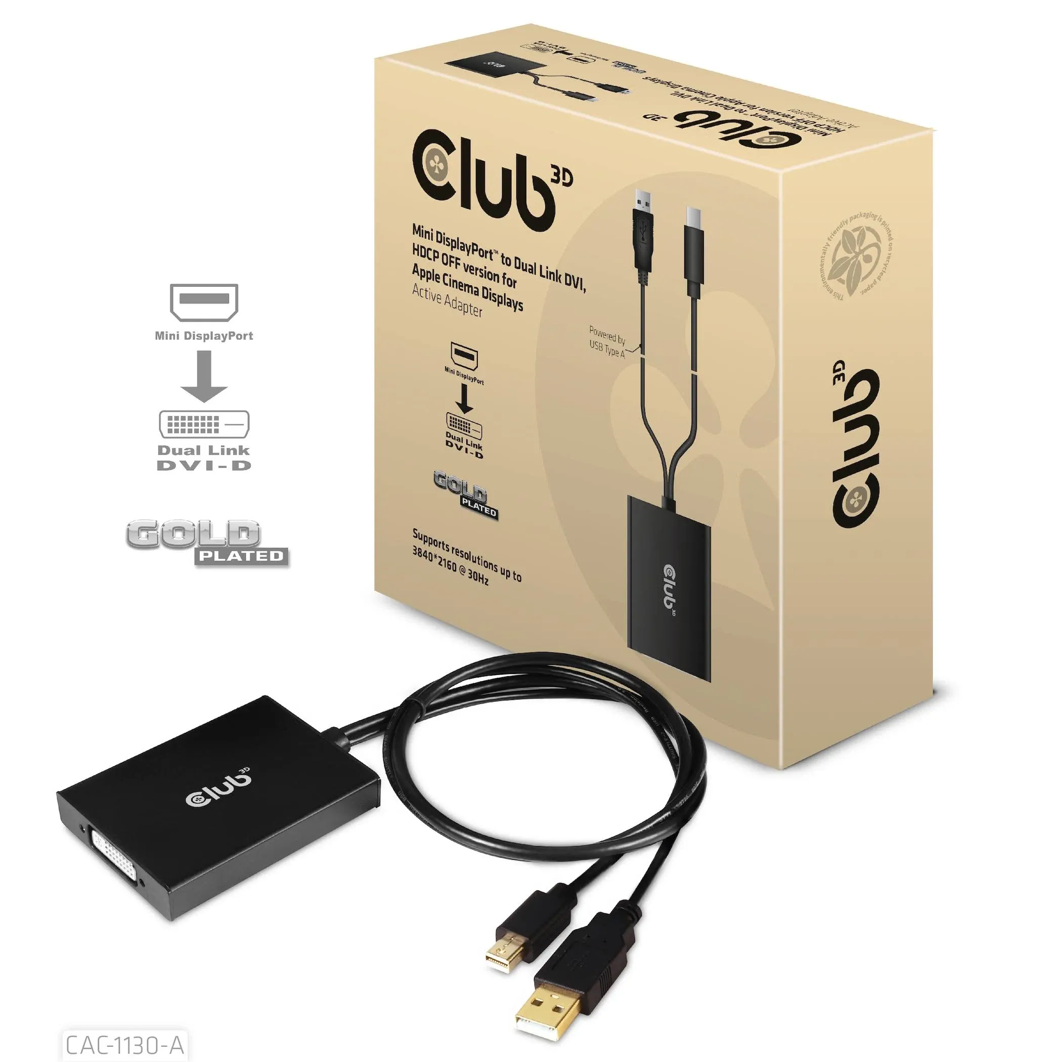 Club 3D CAC-1130-A Mini DisplayPort to Dual Link DVI, HDCP Off Version for Apple Cinema Displays Active Adapter M/F