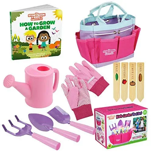 Pink Kids Gardening Tools - Includes Sturdy Tote Bag, Watering Can, Gloves, Shovels, Garden Stakes, and A Delightful Children's Book How to Garden