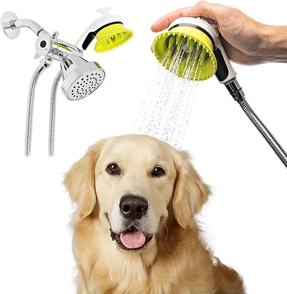 Indoor and Outdoor Dog Wash Kit for Shower and Garden Hose with Splash Shield and Rubber Scrubbing Attachment. Fast and Easy Dog Bathing and Cleaning. Pet Grooming for Long and Short Hair