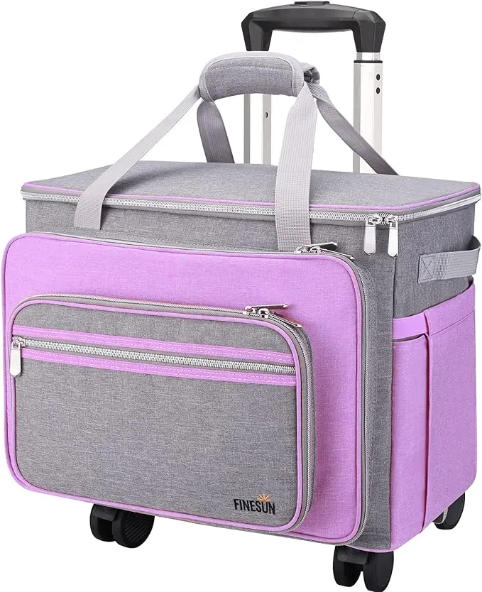 FINESUN Sewing Machine Case with Wheels, Foldable Deluxe Rolling Sewing Machine Carrying Bag for Brother, Singer, Bernina and Most Machines,purple-grey