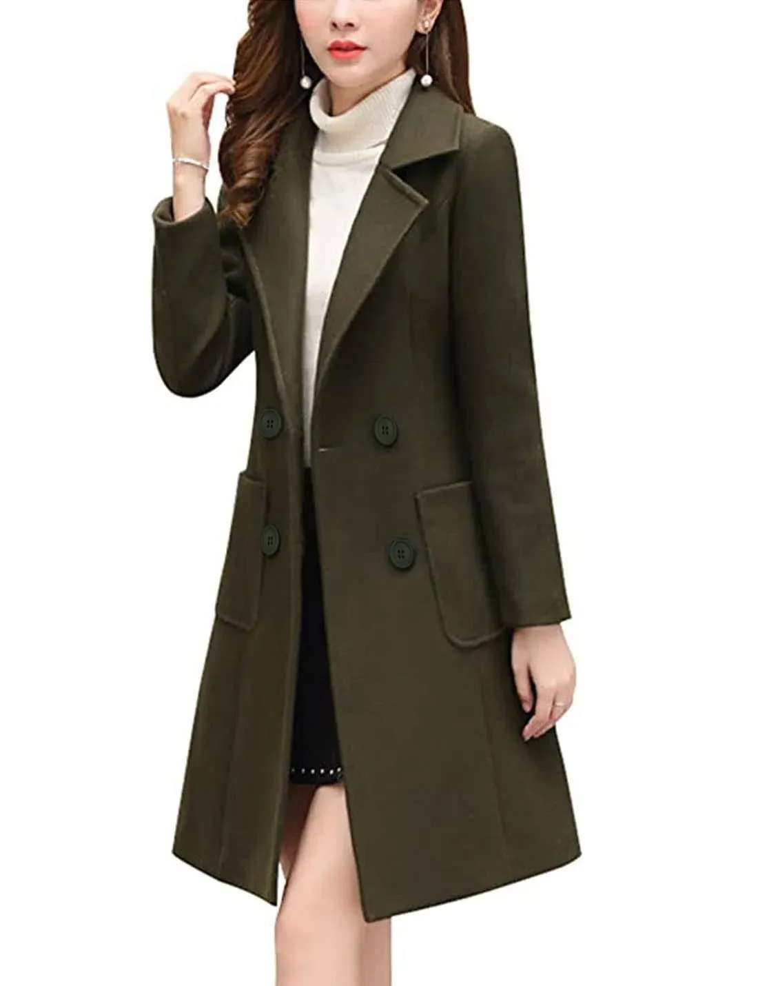 Bankeng Women Winter Wool Blend Camel Mid-Long Coat Notch Double-Breasted Lapel Jacket Outwear