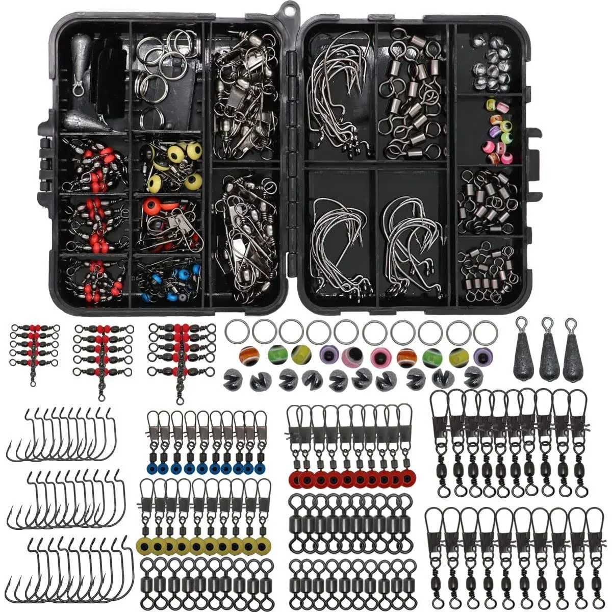 SUPERTHEO Fishing Accessories Kit with Hooks Bass Casting Sinkers Fishing Swivels Snaps Sinker Slides Fishing Line Beads Fishing Set with Tackle Box