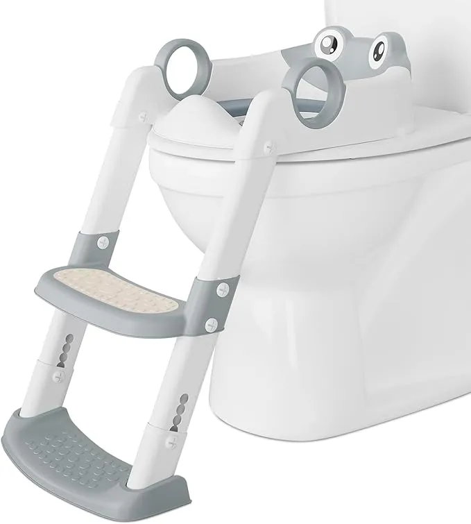 Potty Training Toilet Seat with Step Stool Ladder, Toddlers Potty Chair for Kids Boys Girls, Anti-shake Potty Training Seat with Adhesive Pad Splash Guard and Widened Pedal(Gray)