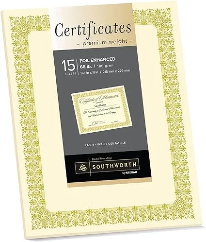 Southworth CTP1V Premium Certificates, Ivory , Fleur Gold Foil Border, 66 lb, 8.5 x 11, 15/Pack