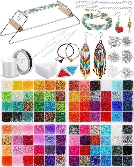 Jexine Bead Loom Kit for Adults Beading Loom Supplies 48000 Pcs Glass Seed Beads Bracelets Jewelry Earring Making Tools Christmas Gifts for Girls DIY Accessories