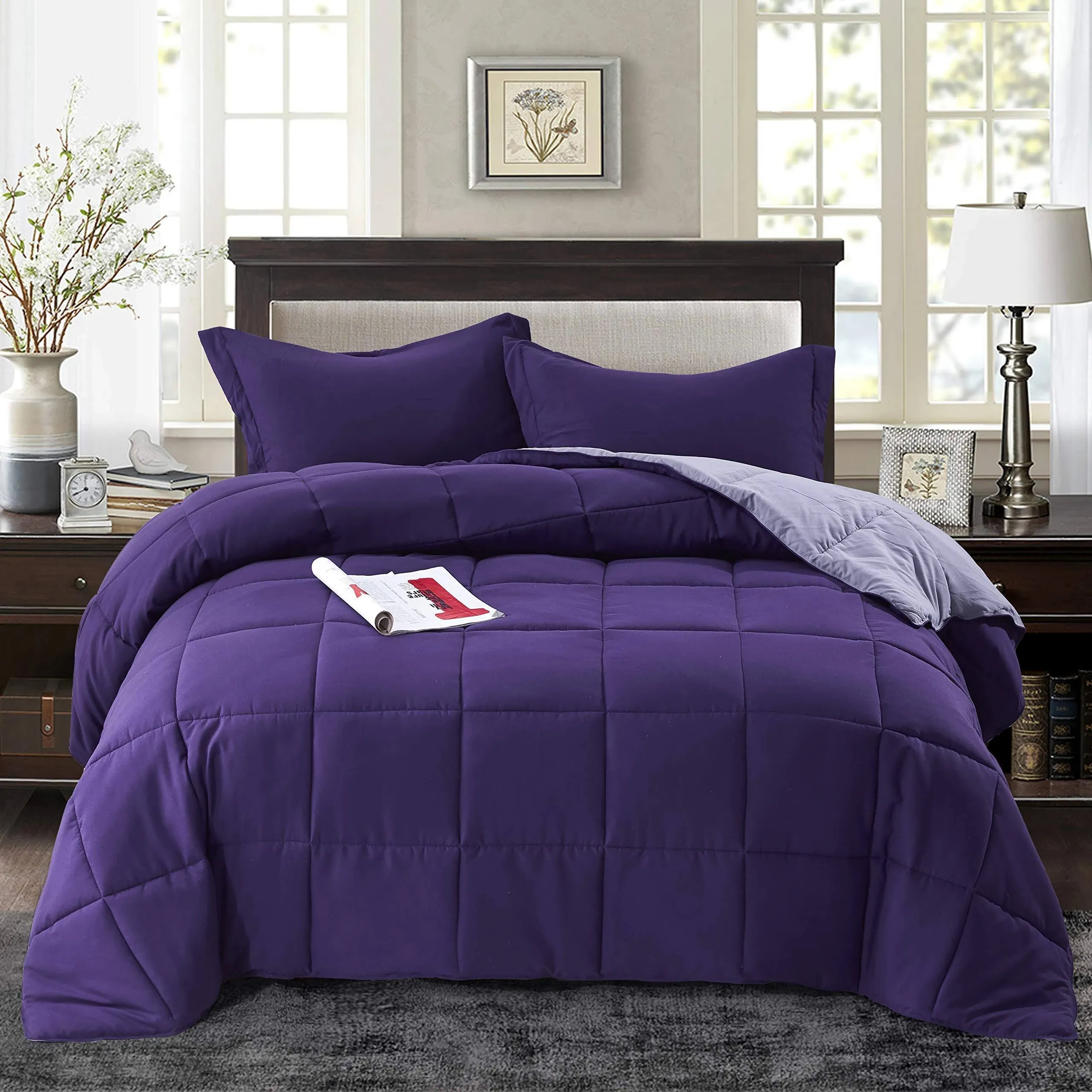 ALTERNATIVE DOWN 3PC REVERSIBLE COMFORTER. PERFECT FOR ANY SEASON. ULTRA SOFT MICROFIBER COVER. PURPLE / LIGHT PURPLE