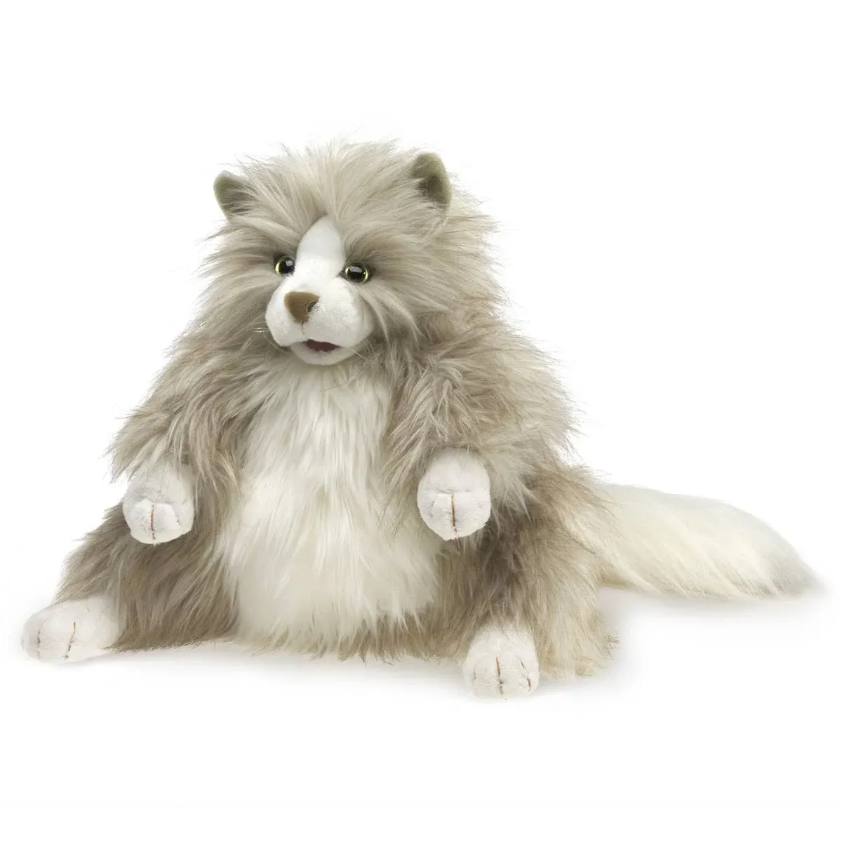 Folkmanis Fluffy Cat Hand Puppet w Movable Mouth Gray/White 10&#034; NWT