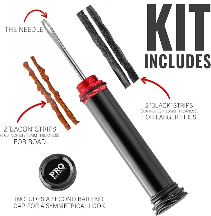 Tubeless Bike Tire Repair Kit – Handlebar Insert - for MTB and Road Bicycle Tires – Fix a Puncture or Flat, Fast – Tackle Set Includes Storage Canister Plugger Tool & Plugs - 2 Bacon & 2 Black Strips