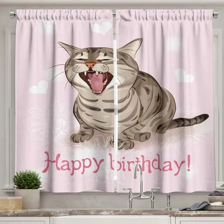 Birthday Curtains 2 Panels Set Funny Cat Sings a Greeting Song on Pink Color Backdrop with Hearts Flowers Window Drapes for Living Room Bedroom 55W X 39L Inches Baby Pink Brown by Ambesonne