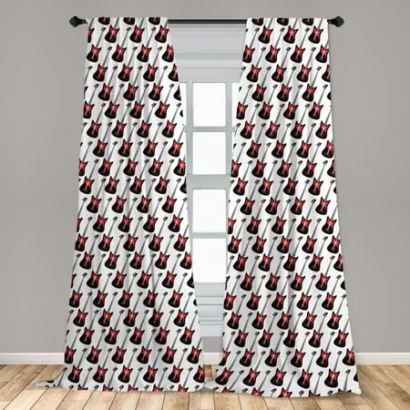 Guitar Curtains 2 Panels Set Repeating Graphic Electric Guitars in Diagonal Order Rock Music Band Songs Window Drapes for Living Room Bedroom 56 W X 63 L Red Black White by Ambesonne