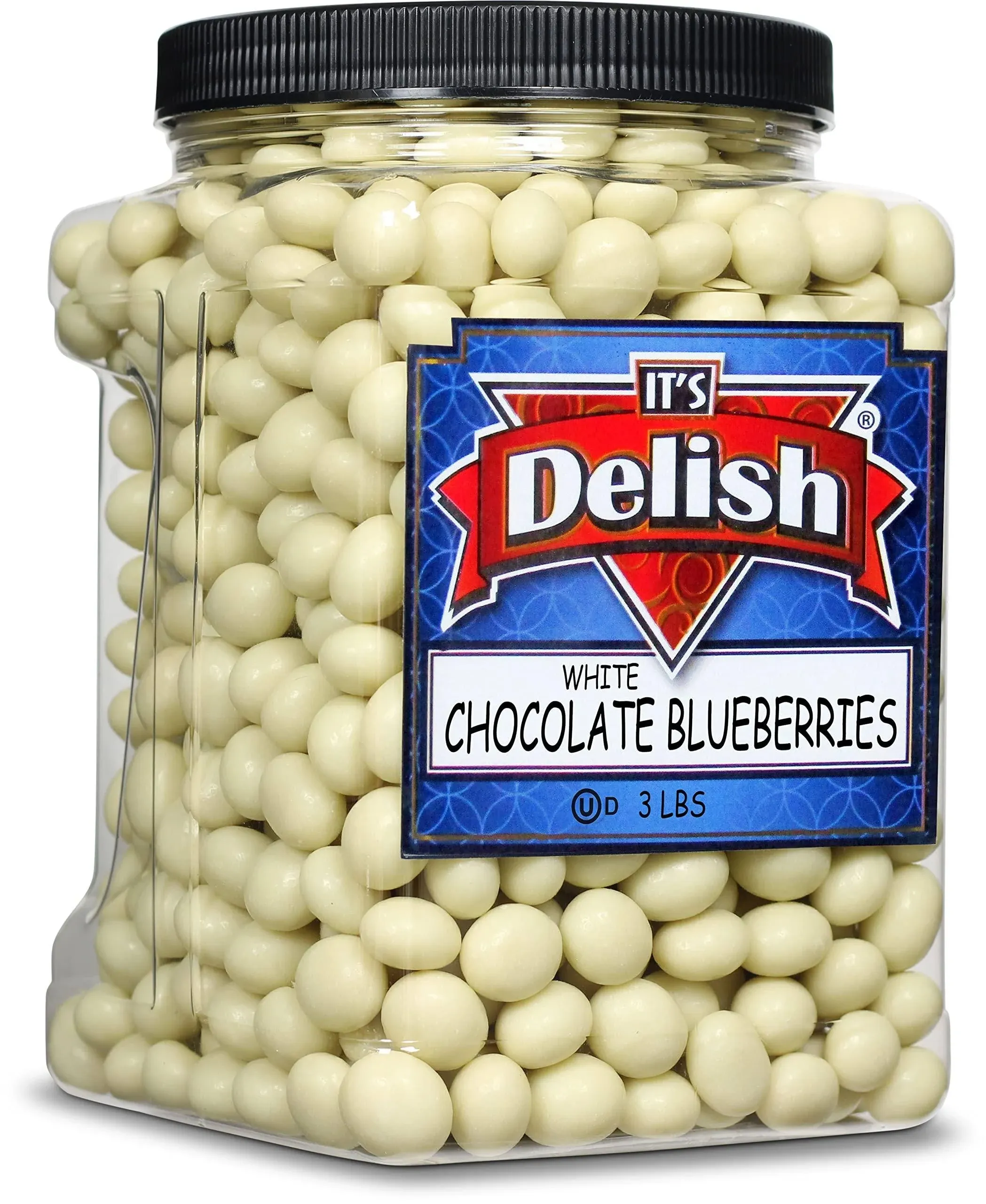 Gourmet White Chocolate Covered Blueberries by It&#39;s Delish, 3 LBS Jumbo Container Jar | Bulk Milk Chocolate Coated Dried Fruit Berries