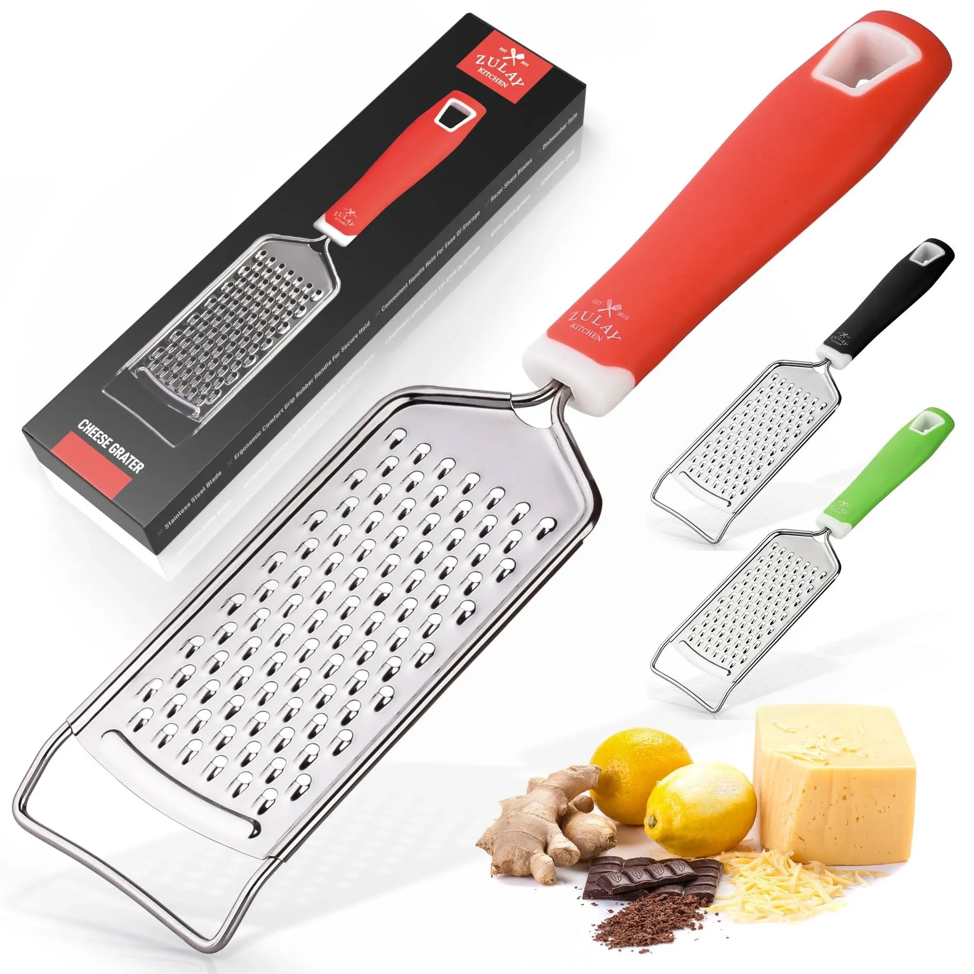 Zulay Kitchen Professional Cheese Grater Stainless Steel - Durable Rust-Proof Metal Lemon Zester Grater With Handle - Flat Handheld Grater For Cheese, Chocolate, Spices, And More - Yellow