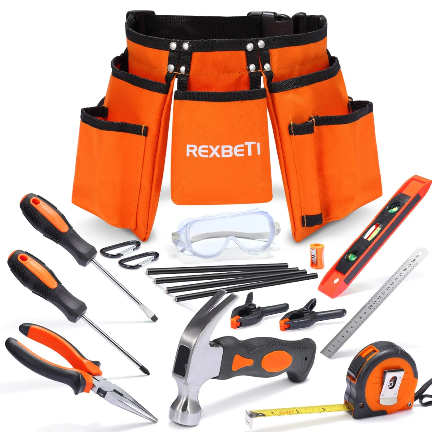 REXBETI 15pcs Young Builder's Tool Set with Real Hand Tools, Reinforced Kids Tool Belt, Waist 20 inch-32 inch, Kids Learning Tool Kit for Home DIY and