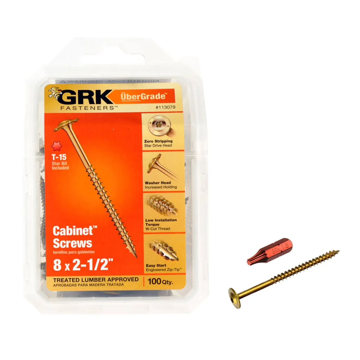 Grk Fasteners UberGrade Screws, Cabinet, T-15 - 100 screws