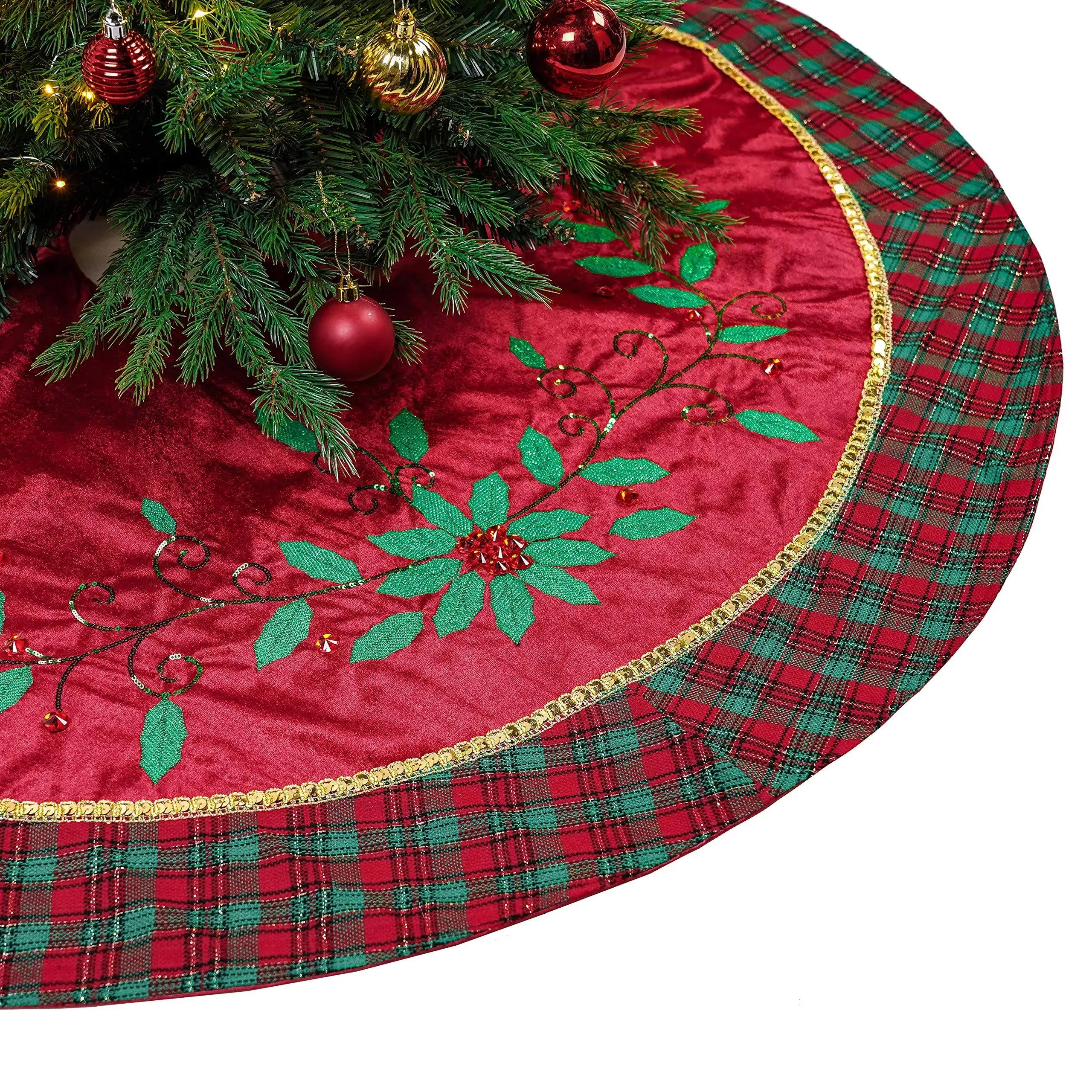 Valery Madelyn Christmas Tree Skirt for Tree Decorations, 48 Inch Traditional Red Green Gold Large Xmas Tree Skirt with Holly Leaves Pattern and Tartan Trim for Merry Christmas Party Christmas Decor