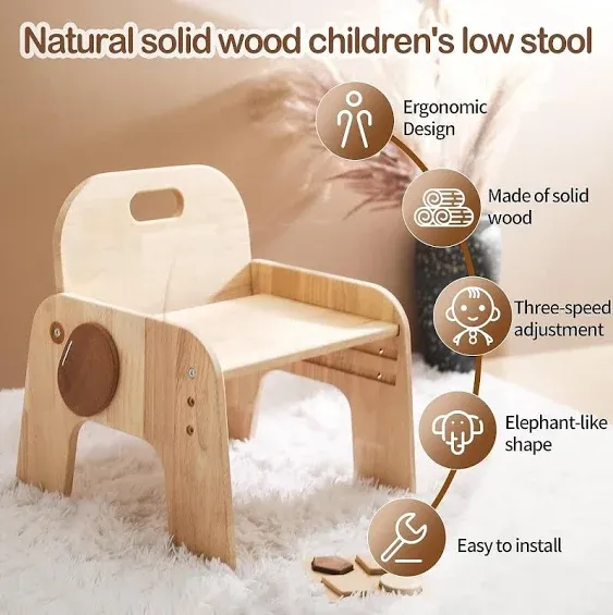 ibwaae Natural Solid Wooden Kids Chair Height-Adjusta<wbr/>ble for... 