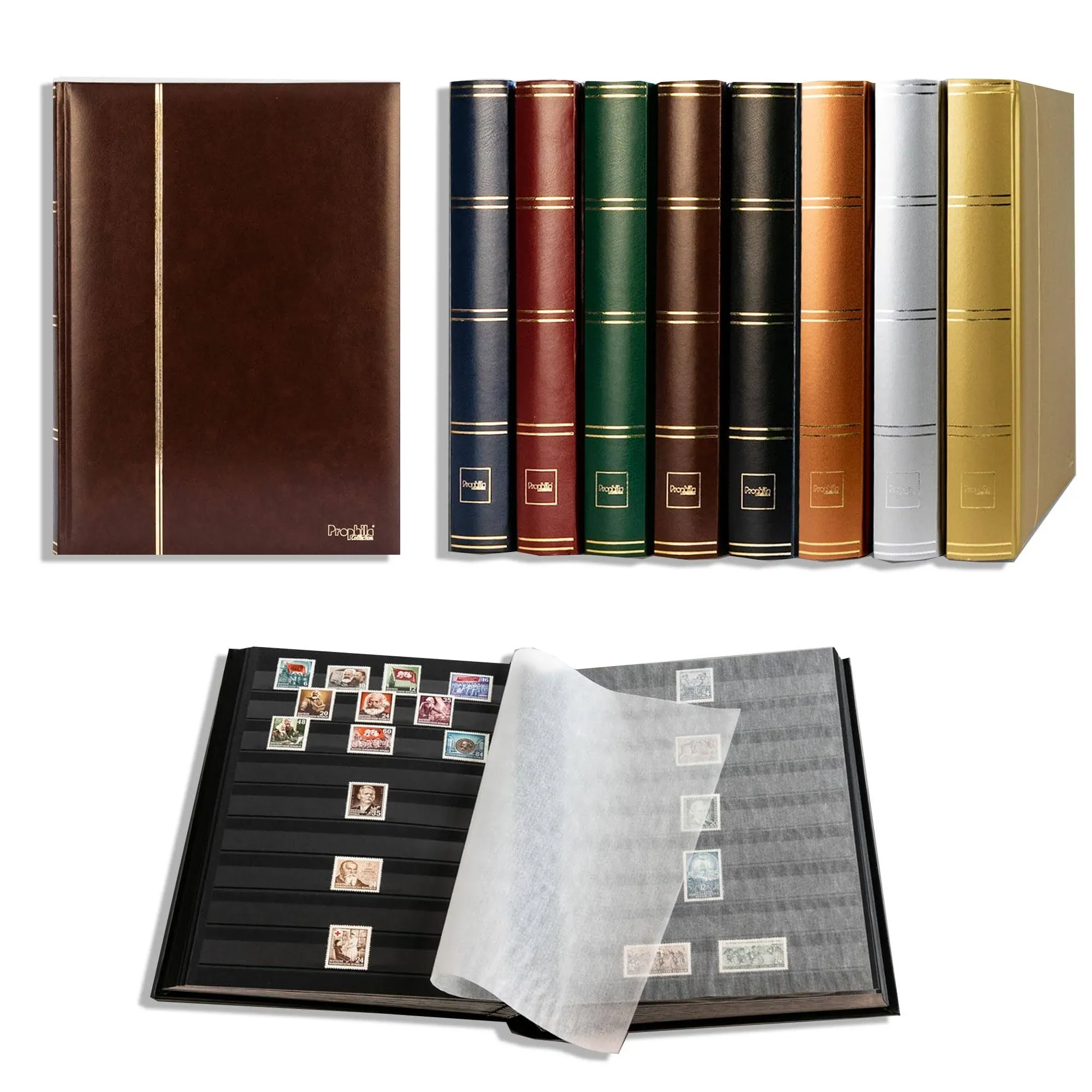 Prophila Stamp Album (New) 60 Black Sides, Padded Brown Cover