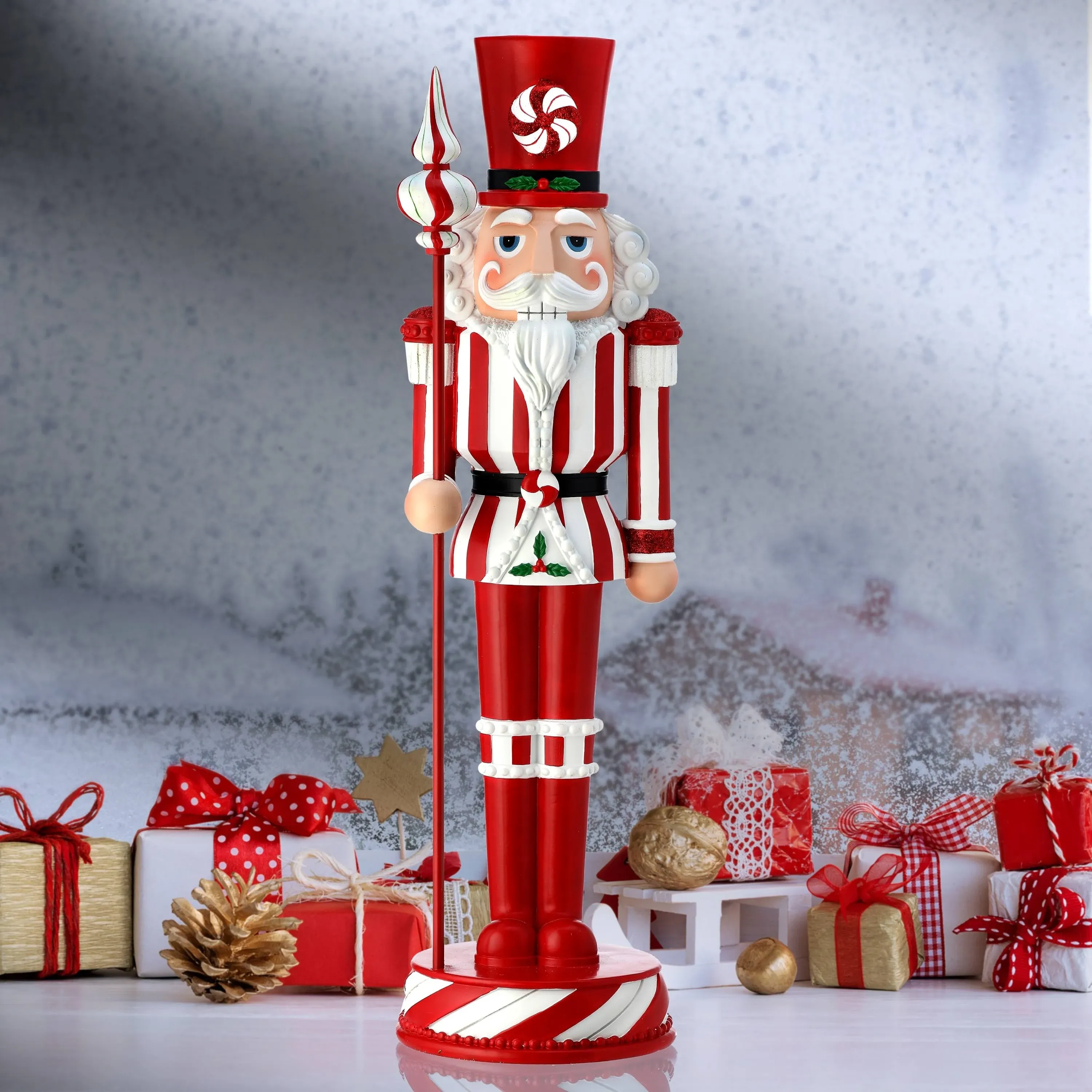 24&quot; Large Candy Nutcracker with Staff, Resin Nutcracker, Christmas Home Decor Peppermint