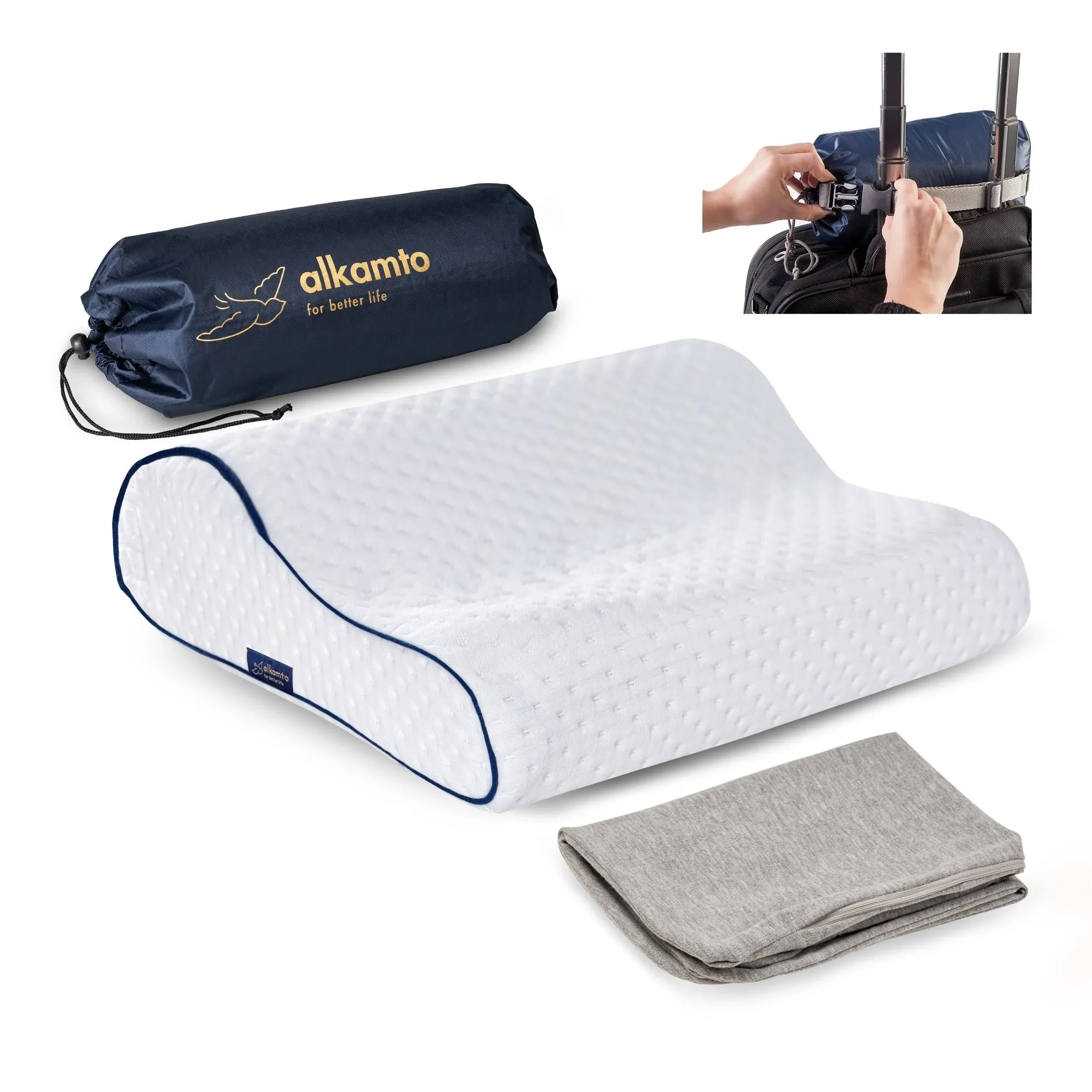 alkamto Travel & Camping Comfortable Memory Foam Pillow with Extra Cotton Cover - Easy to Carry Portable Bag - Temperature Regulating Pillow Case - PE