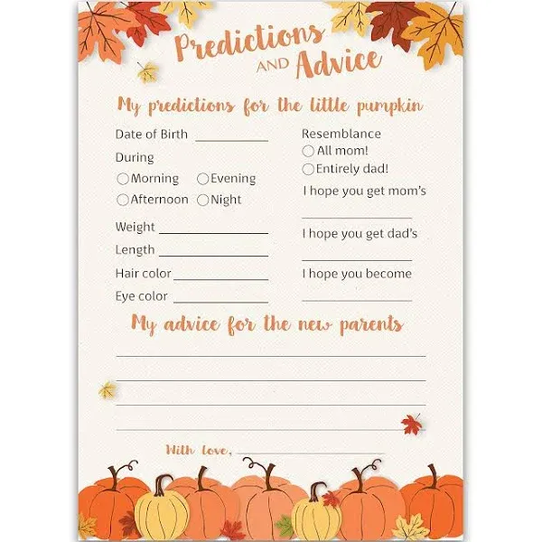 PUMPKINS Prediction and Advice Cards - Pack of 25 - LITTLE PUMPKIN Baby Shower Games, New Parents, Mom & Dad to be, Mommy & Daddy Message, Couples Coed Shower Activity Keepsake Book FALL G330-PDAV