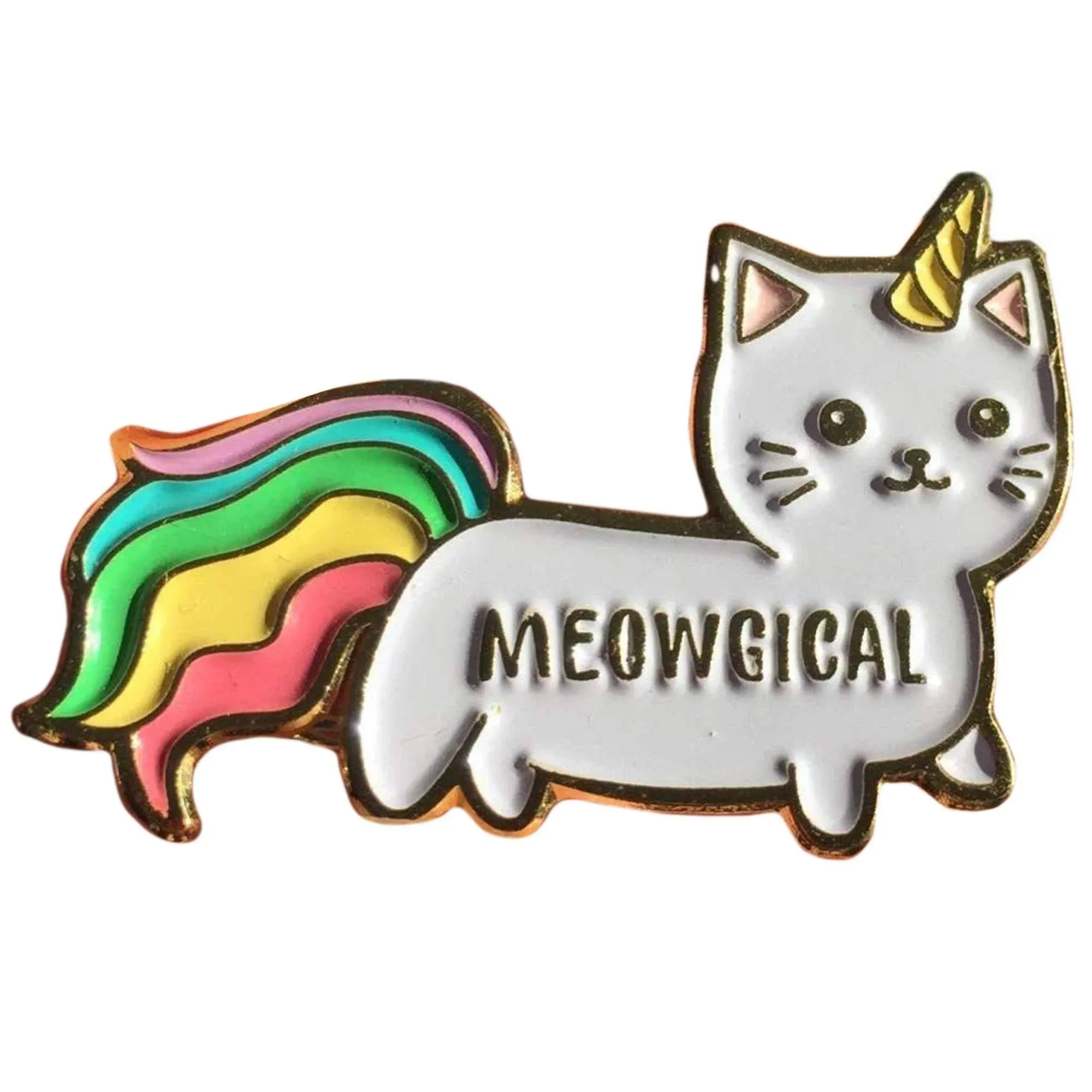 Stickeroonie Cute Rainbow Meowgical Caticorn Lapel Pin, Colorful Magical Cat Unicorn Gold Plated Decorative Pin, 1.4”