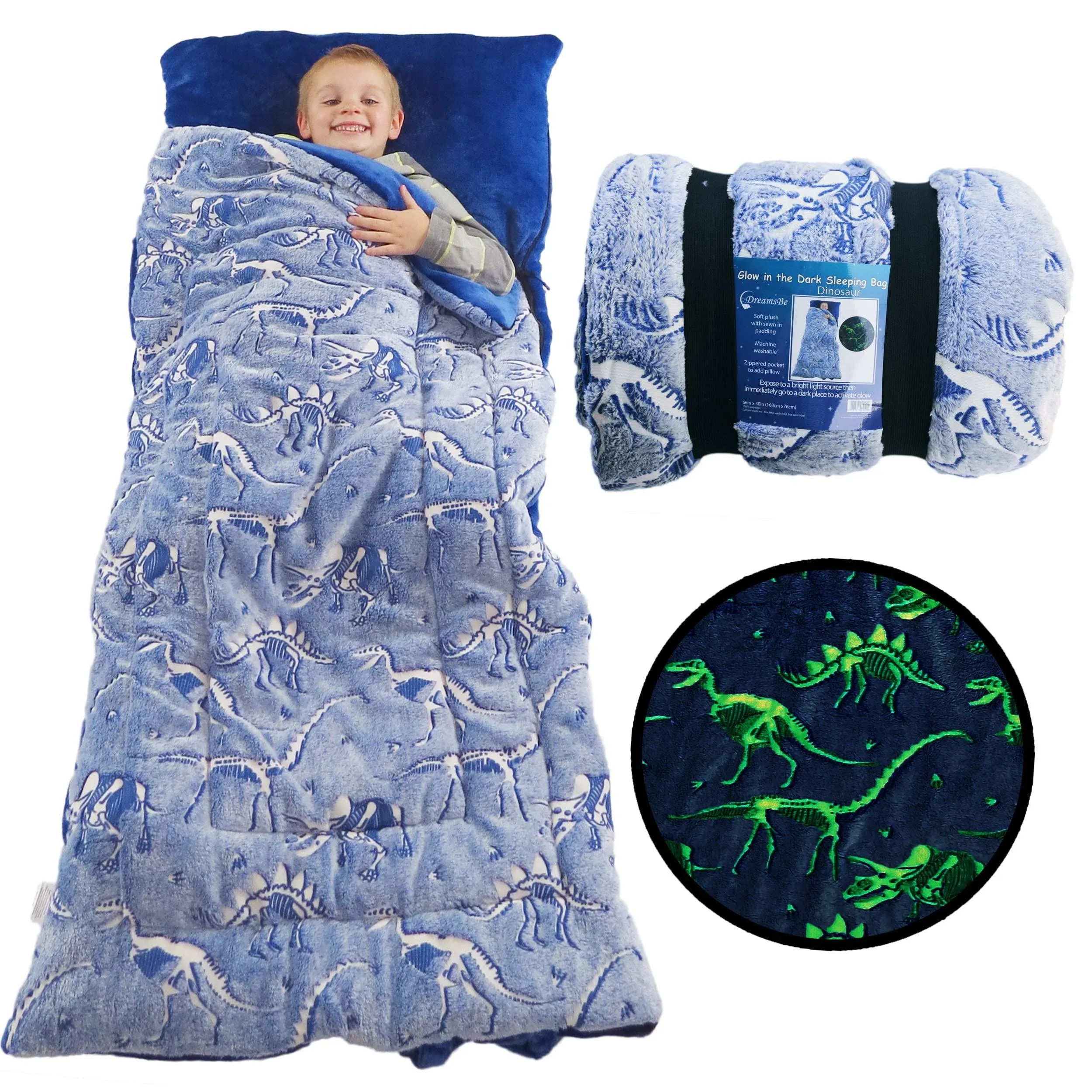 Dreamsbe Dinosaur Sleeping Bag Glow in The Dark Dino Slumber Bag for Boys - Plush Glowing T-Rex Nap Mat for Kids- Luminescent Blue Large