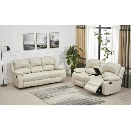 Betsy Furniture 2PC Bonded Leather Recliner Set, Sofa, Loveseat, 8018, Beige