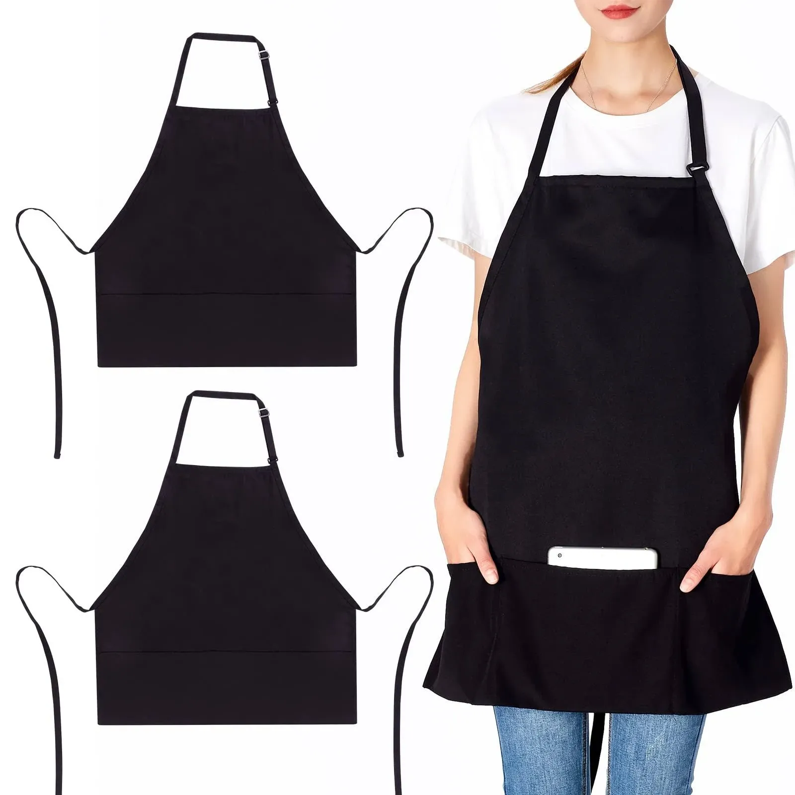 Jubatus 2 Pack 3 Pockets Adjustable Bib Apron Cotton Chef Kitchen Cooking Aprons For Women Men