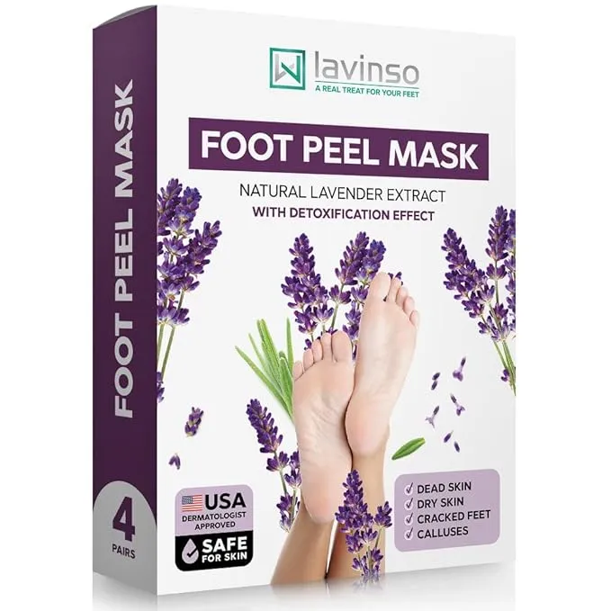 Lavinso Lavender Foot Exfoliator Peeling Mask for Dry Cracked Feet - 4 Pack - Remove Dead Skin and Callus - Foot Peel Mask for Baby Soft Feet